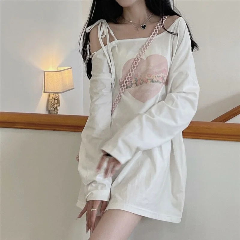 

Kawaii T-Shirt Women Japanese Sweet Off Shoulder Lace Up Long Sleeve Graphic T Shirts Cute Korean Fashion Tops for Girls