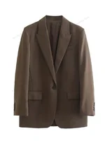 Women Fashion With Pockets Brown Single Button Blazer Vintage Notched Neck Long Sleeves Female Chic Lady Outfits 1