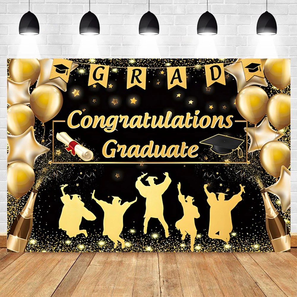 2024 Afstudeerachtergrond Voor Fotografie Gouden Glitter Ballon Bachelor Caps Klasse Van 2024 Gefeliciteerd Grad Party Achtergrond Banner