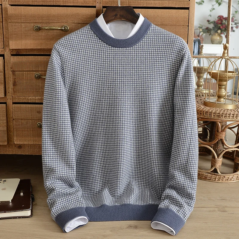 

Winter pure cashmere sweater men's round neck casual plaid jacquard thickening warm base fashion high-end knitwear trendy youth