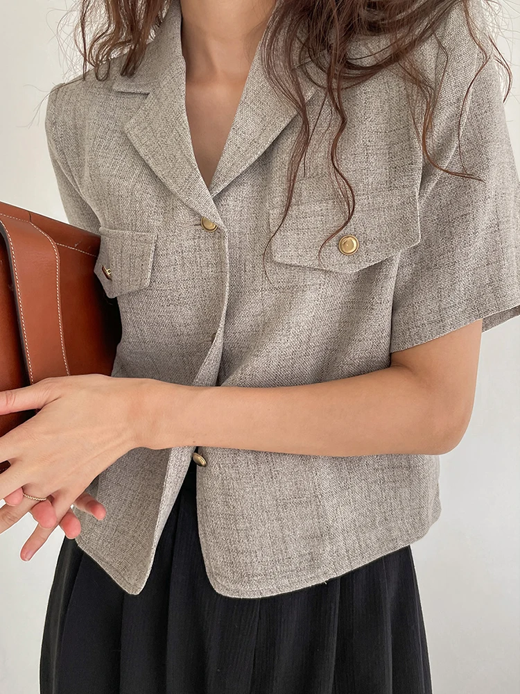 QOERLIN Design Summer New Cropped Blazers Women Elegant Short Sleeve Jacket Ladies Short Coat Chic Notched Single-Breasted Coat