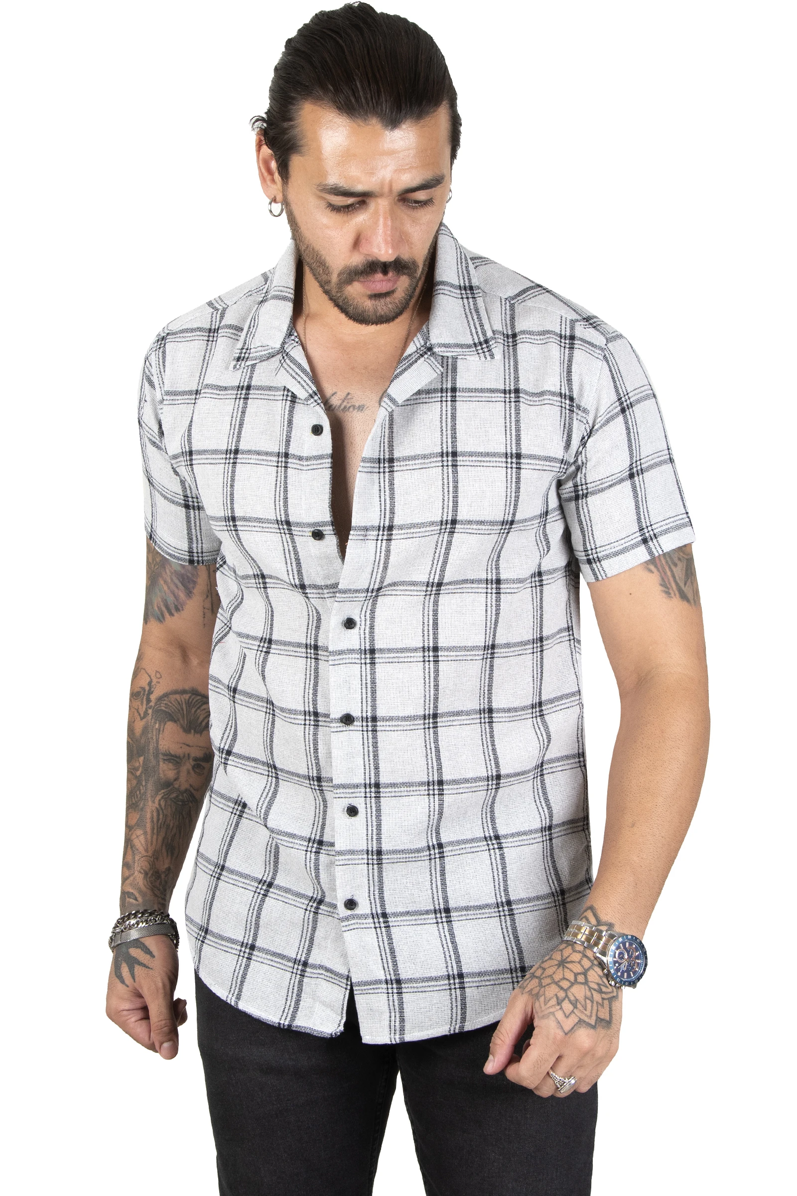DeepSEA Plaid Patterned Tight Fit Short Sleeve Raw Linen Men Shirt 2201924