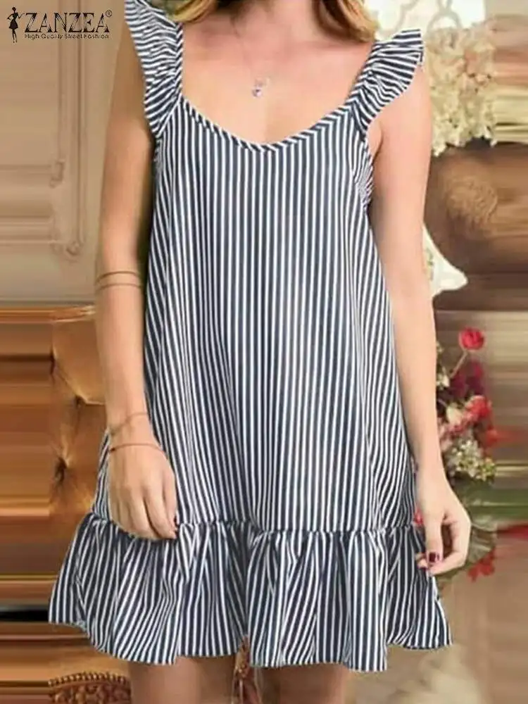

ZANZEA Women Bohemian Dress Summer Sleeveless Short Vestidos Vintage Loose Stripe Sundress Casual Beach Tanks Dresses Robe Femme