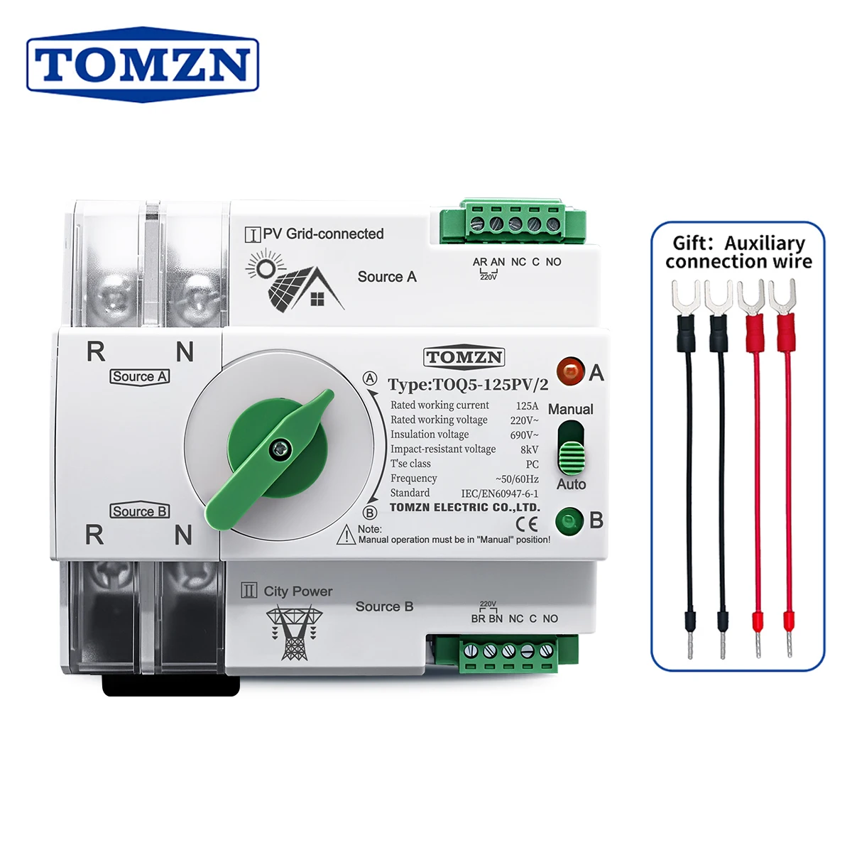 TOMZN Single Phase Din Rail ATS PV Inverter Dual Power Automatic Transfer Selector Switches Uninterrupted 2P 63A 100A 125A
