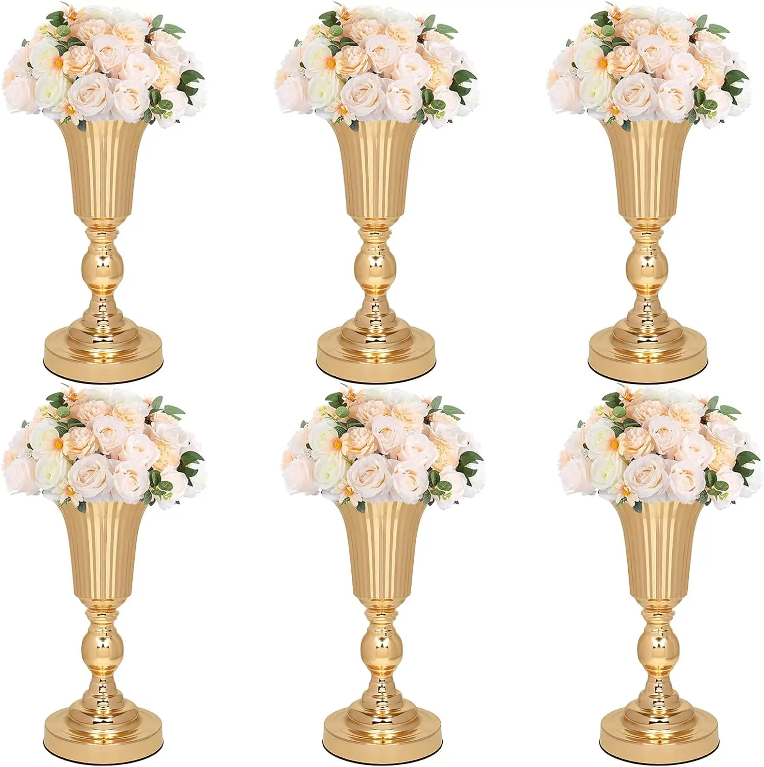 

Wedding Centerpiece Table Decorations, 6 Pcs Set Metal Gold Vase Flower Stand, 13.2in Trumpet Tall Artificial Flower Vase