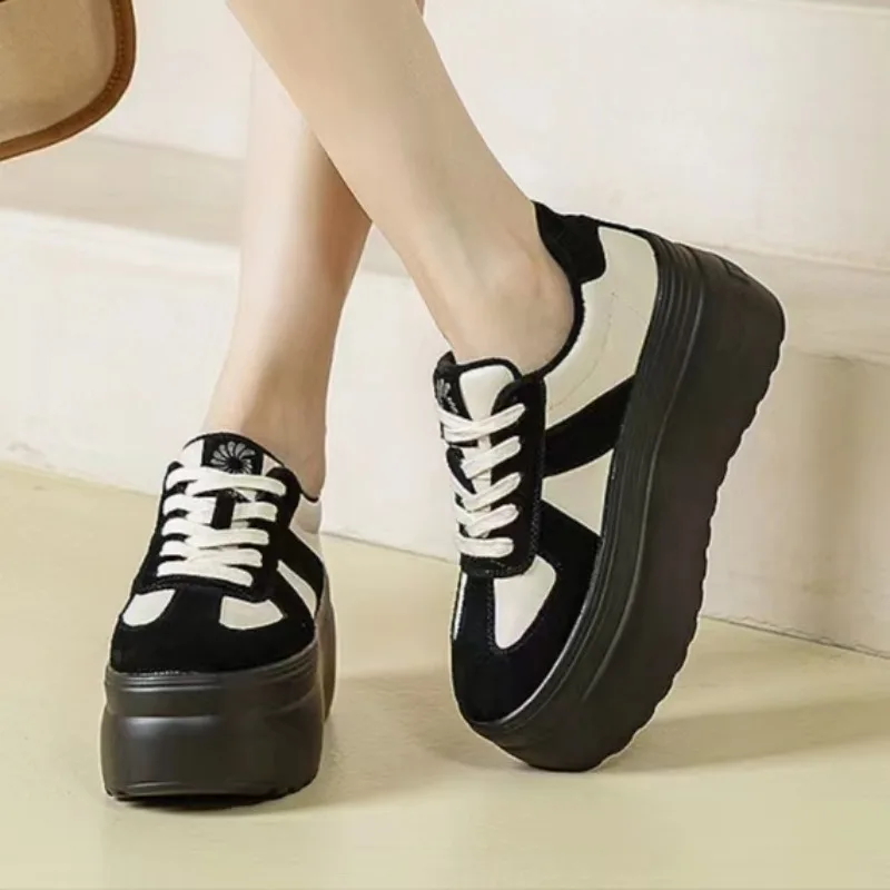 

2024 Spring Autumn Women Leather Shoes British Style Trendy Design Work Platform High Heels Ladies Casual Color Block Loafers