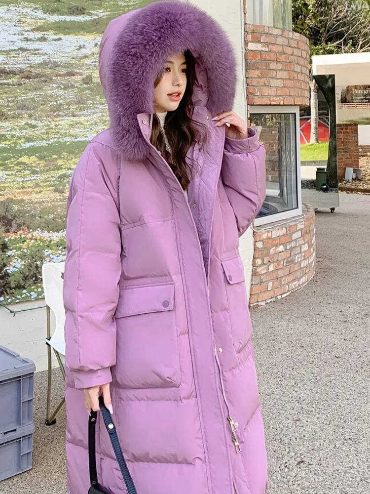 

TXii New Plus fat extra large size women slim long padded fox fur collar pink down jacket coat XL-5XL