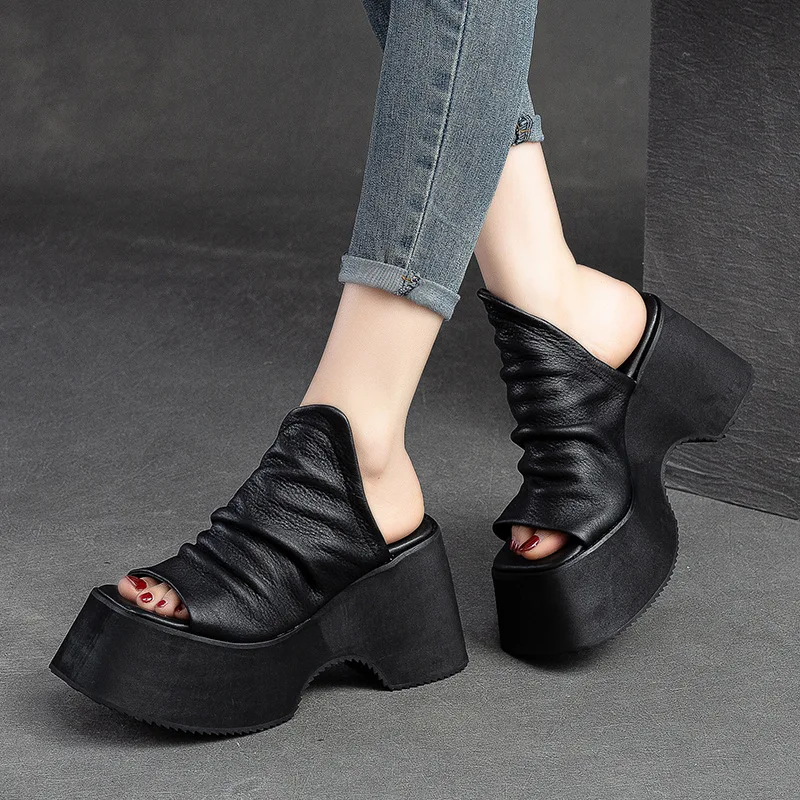 

Birkuir Wedges Slippers For Women Pleated Luxury Shoes Open Toe Outdoor Slippers Genuine Leather 10cm Thick Heel Sandals Girls