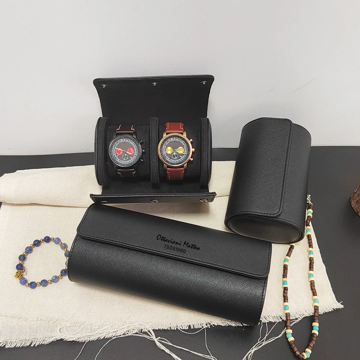 Custom Watch Roll Travel Case 1/2/3-Slot Personalized Watch Case Leather Box for Him Engraved Travel Box Men's Gfits