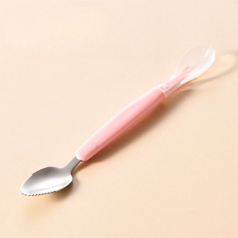 Baby Cutlery Stainless Steel Baby Cutlery Silicone Double Head Scraping Fruit Puree Spoon Complementary Food Spoon