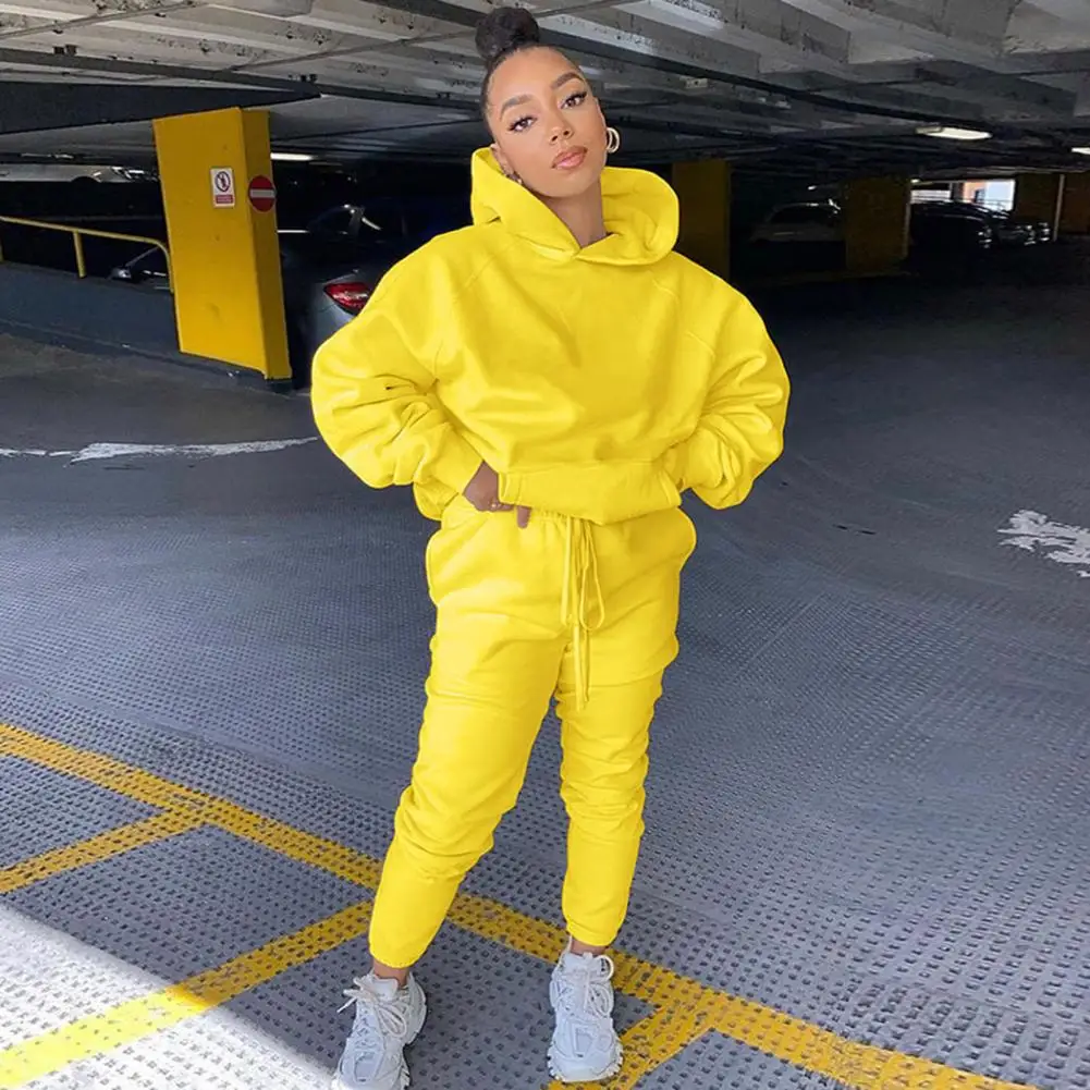 

2 Pcs/Set Trendy Women Tracksuit Hat Hoodie Sweatpants Set Pockets Cold-proof Women Tracksuit Keep Warm