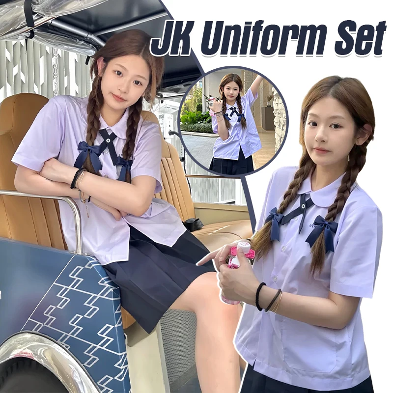 Men/Women JK Uniform Thai Style School Uniforms Short Sleeve White/Light Purple Shirt Preppy Style Pleated Skirt w/bow Tie