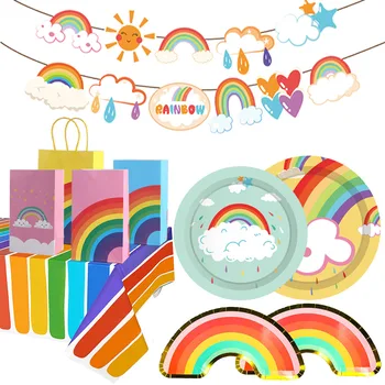 Stoviglie usa e getta per feste di compleanno arcobaleno Piatti di carta a forma di arcobaleno Tovagliolo per tazze Banner di buon compleanno Decorazione a tema arcobaleno 1