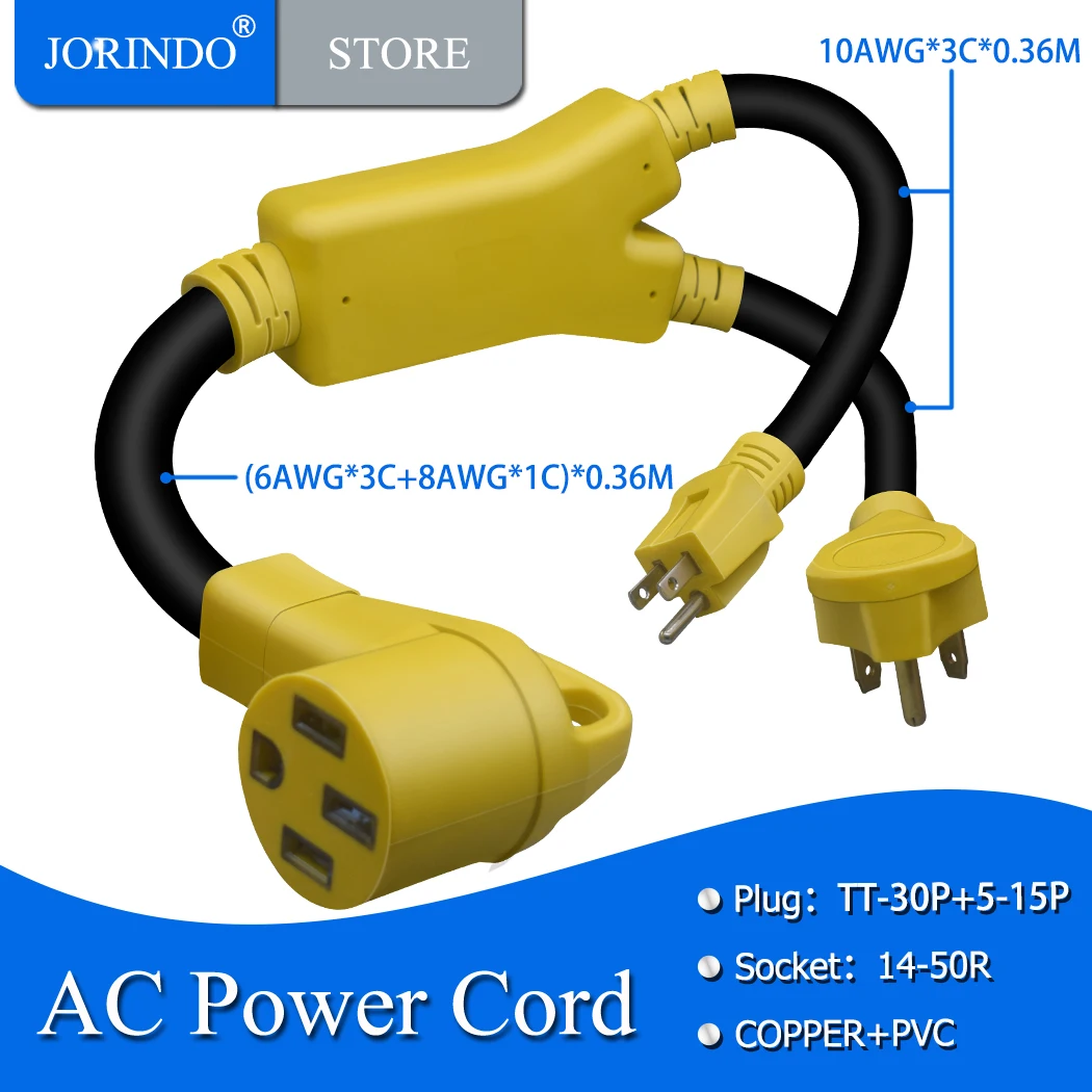 

JORINDO Nema 14-50R with handle socket to Nema TT-30P+Nema 5-15P plug One input two output power charger adapter RV converter