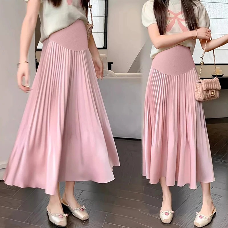 Summer Pregnant Woman Midi Skirts Long Loose Elegant Maternity Skirt Flowy Pleated Acetate Satin with High Waist Belly Support