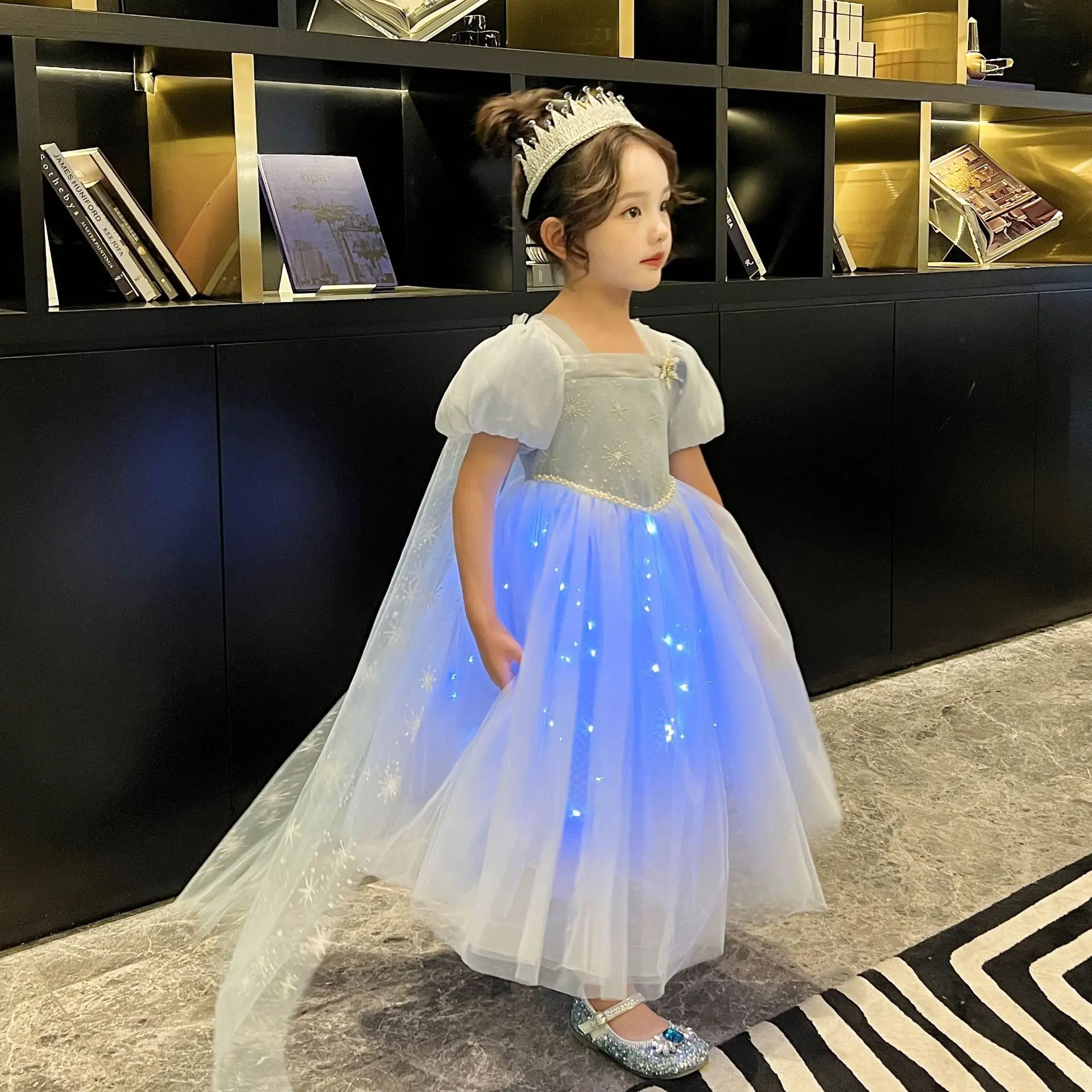 

Girls Summer Ball Gown Dress 2023 New Shining Princess Dress Children Short Sleeve Girls Cosplay Costume Children Clothes New
