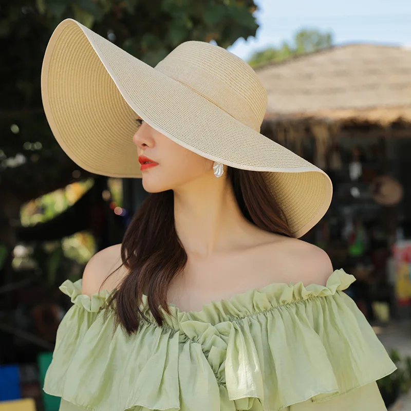 Outdoor Hiking Hat 15CM Wide Brim Beach Straw For Women Simple Foldable Summer Outing Sun Uv Protection Panama