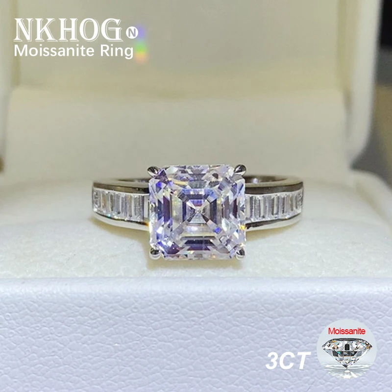 

NKHOG 3CT Asscher Square Moissanite Ring Women S925 Silver 18K Gold Plated Sparkling Wedding Rings Fine Jewelry Gift Certificate