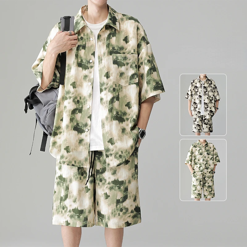 

Men's Shirt Sets Men Fashion Shirts+Shorts Two Piece Sets Hawaii Shirts European Luxury Shirts Suits Beach Men's Clothing W42