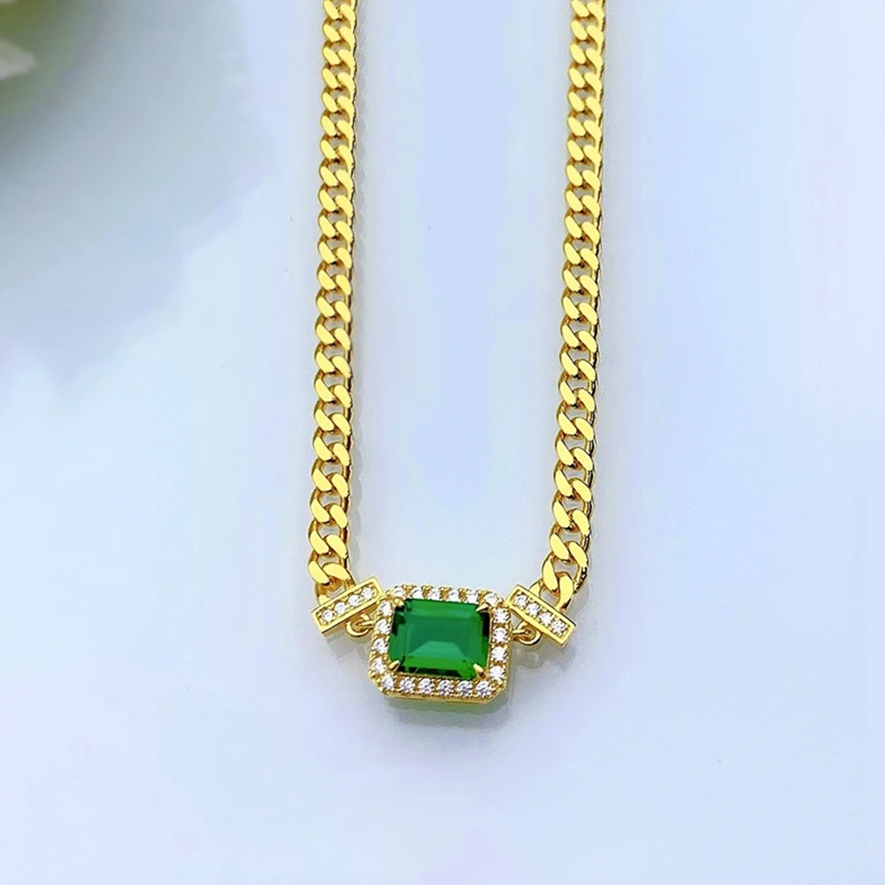 Vintage 925 Sterling Silver Emeralde Gemstone Cuban Pendant Necklace