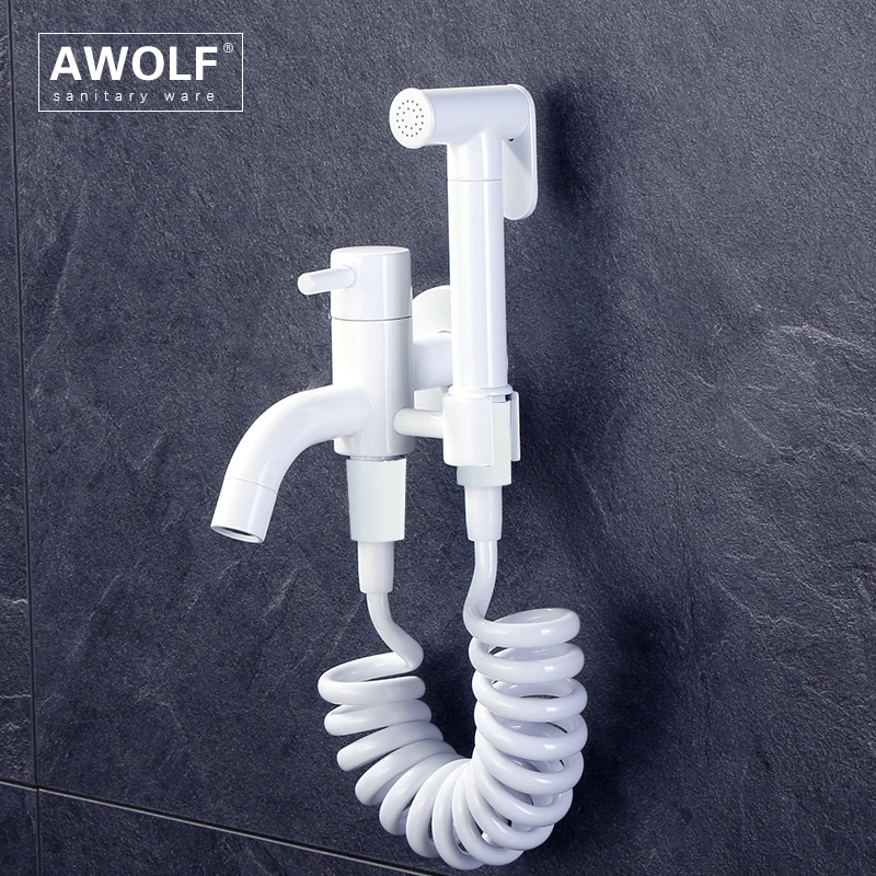 Awolf Solid Brass Handheld Toilet Bidet Sprayer Set White Bidet Faucet Douche Kit Shattaf Angle Valve Shower Washer Tap AP2299