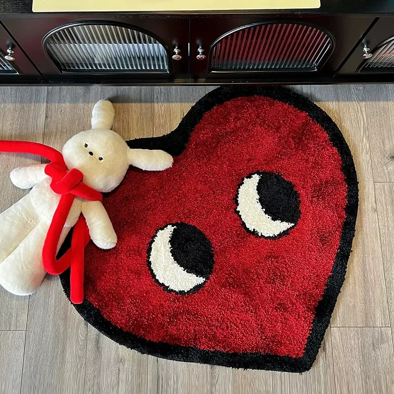 

Tufting Heart Shape Rug Soft Fluffy Funny Eyes Carpet Bedroom Floor Anti Slip Pad Kids Room Bedside Red Mat Home Decor 80x95cm