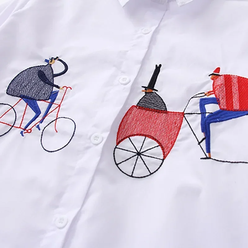 White Cotton Long Sleeve Embroidery Blouse for Women