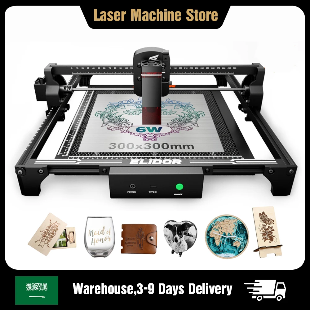 ELIDOR Z6 6W/12W آلة تشويق بالليزر وقطع خشب تشويق حراثي CNC مساحة العمل 300×300 ملم صمام ليزر أزرق آلة للمبتدئين