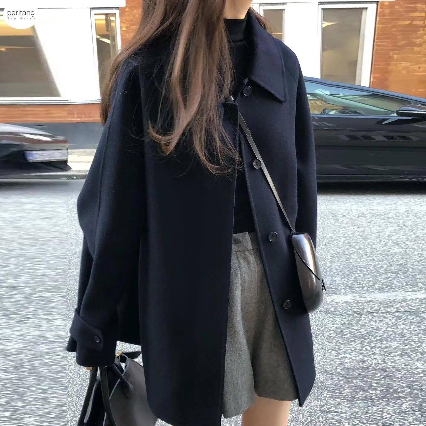 

PERITANG Button Up Wool Coat Women Autumn Winter 2024 New Fashion Long Sleeve Loose Coats Vintage Turn Down Collar Solid Jackets