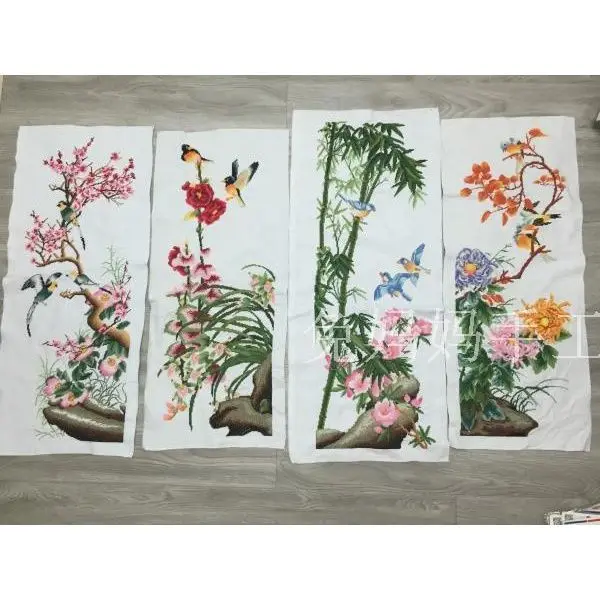 

Pure handmade cross stitch finished product, plum, orchid, bamboo, chrysanthemum, four linked flowers, bird songs, flower