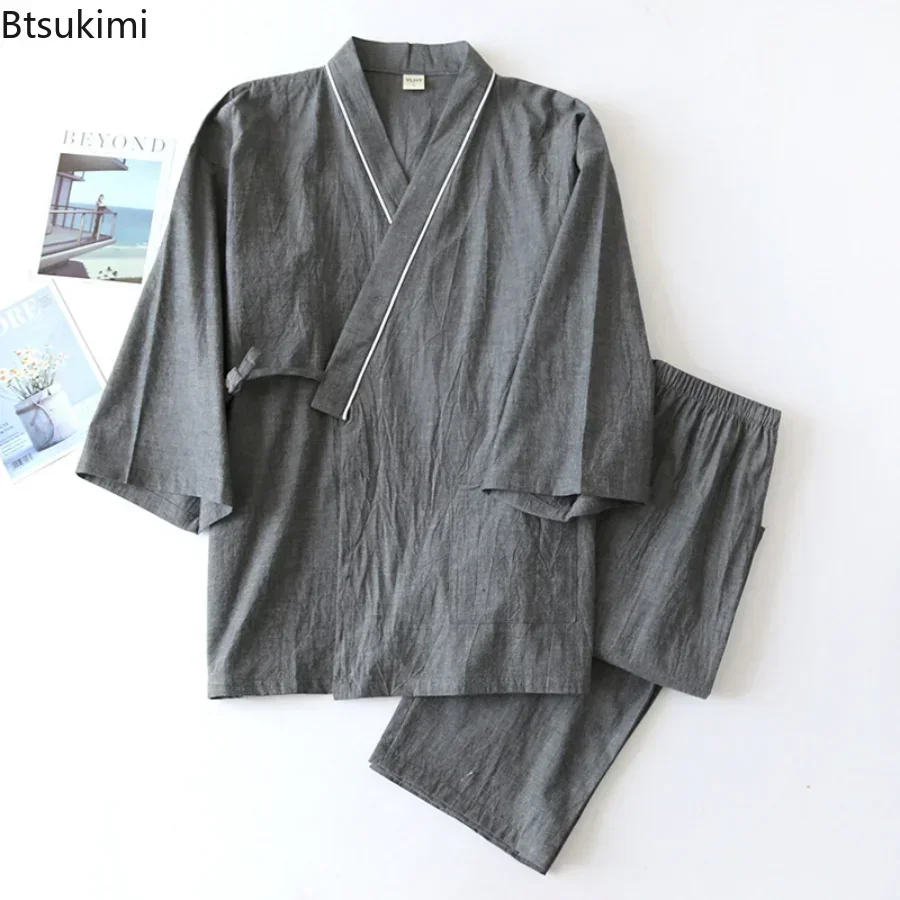 Men's Solid Japanese Kimono Pajamas Casual Sleepwear Male Lace-Up Top and Pants Sets Soft Two-piece Homewear Suit Male pajama sets