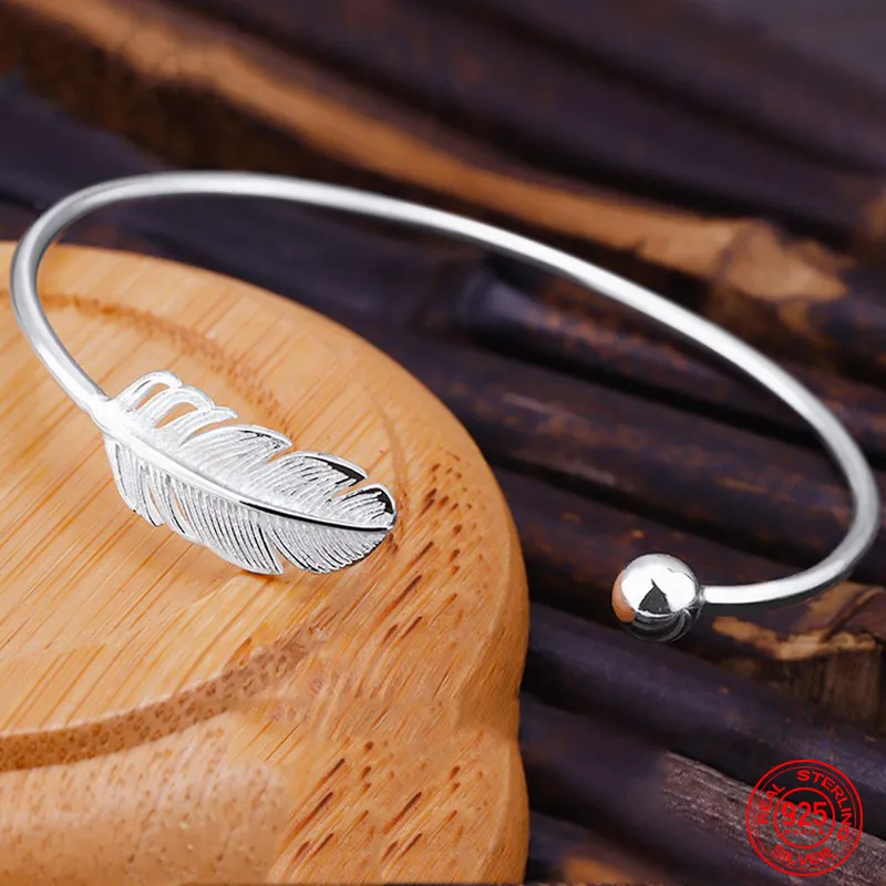 

925 Sterling Silver Round Bead Feather Charm Bracelet & Bangles Adjustable Braclets For Women Wedding Jewelry Gift