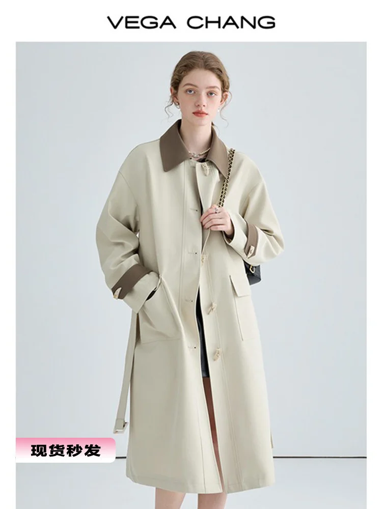 

Casual Windbreaker Women's Mid length 2023 Spring New Split Leather Collar British Style Horn Button Coat