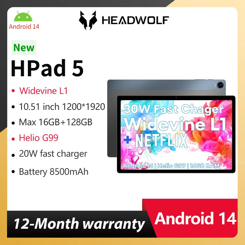 

Headwolf HPad 5 Android 14 Tablet 10.5 inch Max 16GB RAM 128GB ROM Phone Tablet PC Widevine L1 Battery 8500 mAh Camera 8MP+20MP