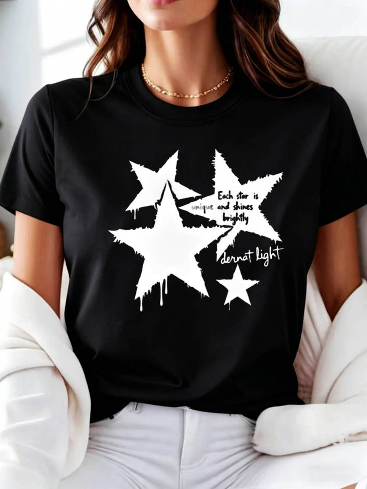  Casual Star Print Women's T-Shirt Graphic Tee Round Neck Short Sleeve For Daily Outdoor Leisure Lightweight Comfortable Season W 