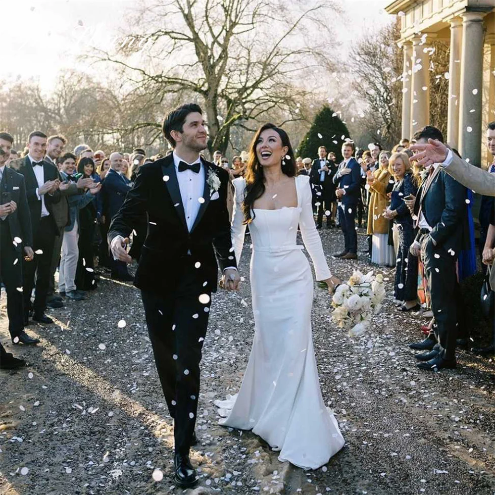 

Женское свадебное платье с юбкой годе Yunshang, элегантное атласное платье с длинным рукавом и квадратным вырезом, платье с открытой спиной и шлейфом, 2024