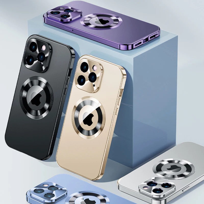 Magnetic Adsorption Metal Alloy Anti-Peeping Privacy Case For iPhone 15 14 13 12 Pro Max Logo Hole Camera Lens Protection Cover
