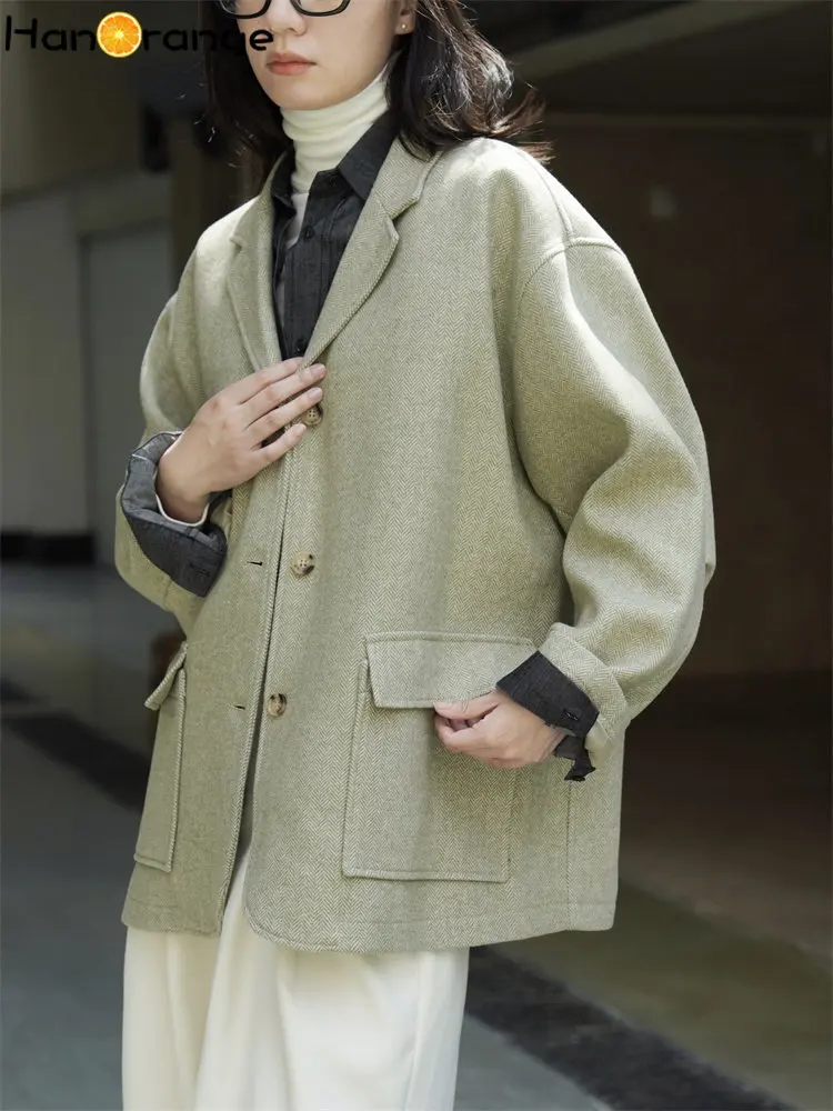 HanOrange 2022 Autumn Winter Vintage Lapel Herringbone Wool Suit Jacket Loose Straight Comfortable Blazer Female Oat/Green