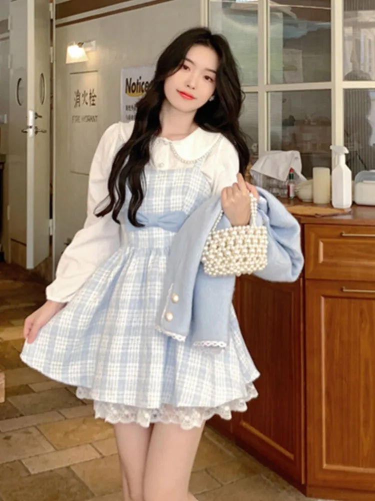 Women Vintage Blue Plaid Dress Lace Kawaii Elegant Party Mini Dress Female  Bow Korean Sweet Strap Dress Spring Autumn 2023