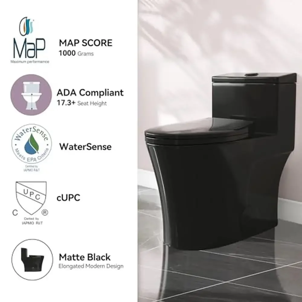 Compact Elongated Black Toilet 17.3" ADA Chair Height Dual Flush 1000g Soft Close Seat 4