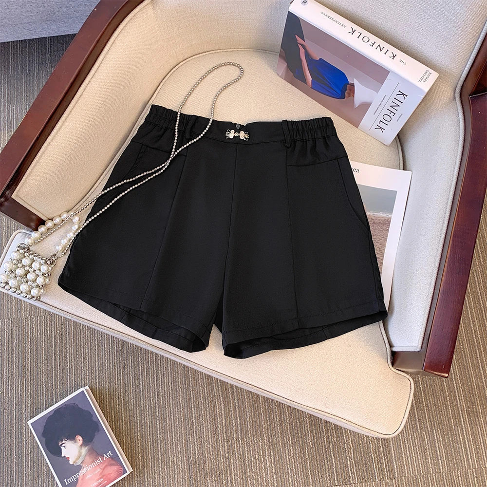 

Plus size women's summer casual shorts Black polyester fabric decal decorative back zipper design loose comfortable everything
