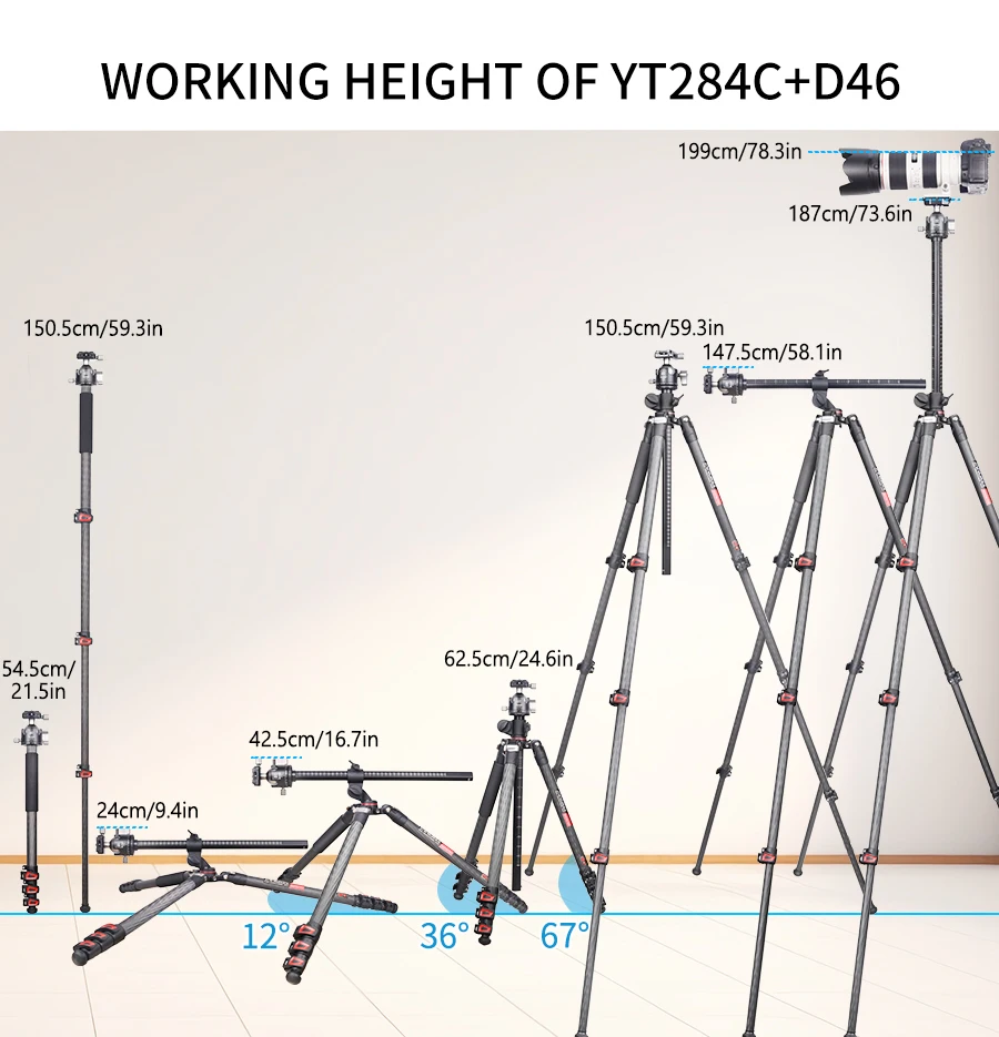 YT284C Professional Carbon Camera Tripod with rotatable multi-angle center colum