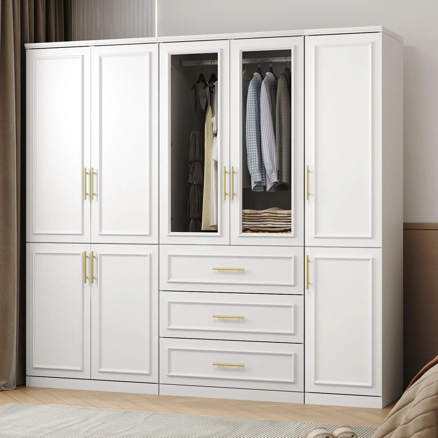 

Extra Wide Wardrobe Armoire with 2/4/8 Doors,Drawers,Storage Shelves & Hanging Rods,Wooden Closet Cabinet for Bedroom,White