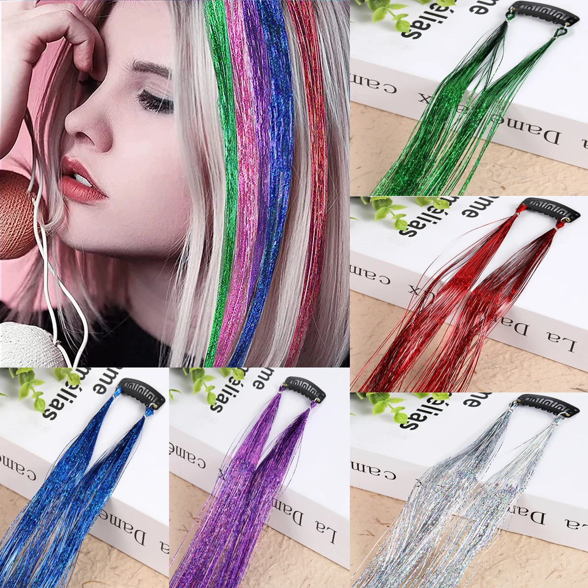 Description Picture 6 of itemSparkle Hair Tinsel Clips Rainbow Colored Strands Girls Headwear Hairbinge Hair Laser False Hair Extensions Decor Glitter Strips