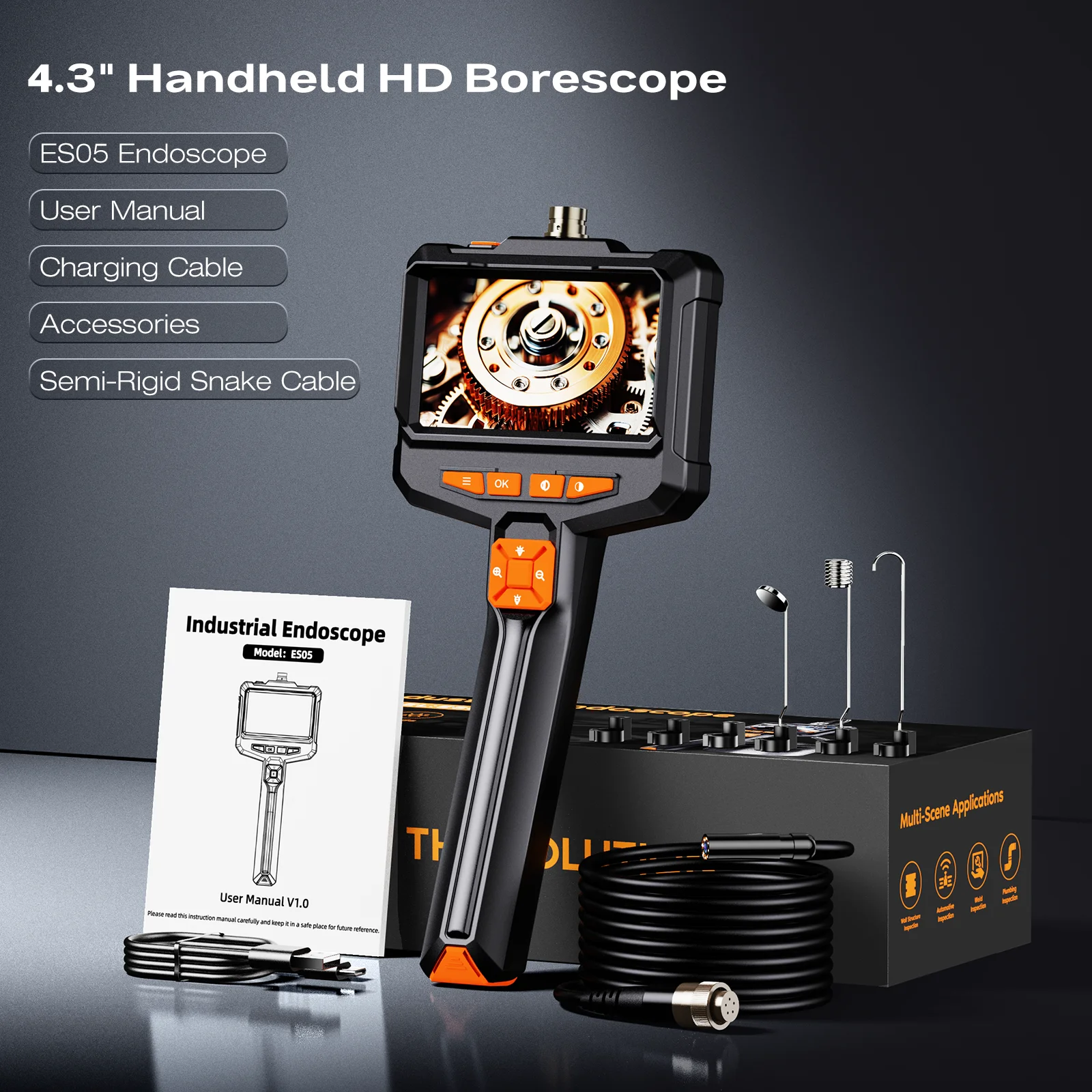 4.3 Inch Handheld Industrial Endoscope 16.4FT Semi-Rigid Cable Borescope HD Insp