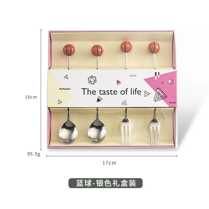 10Sets Creative Football Basketball Spoon Fork Stainless Steel 304 Fruit Fork Coffee Dessert Spoon Gift Box Set