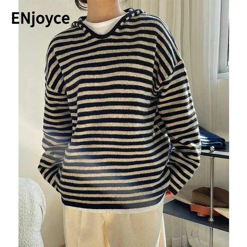 

Women Striped Wool Hooded Knitted Sweater Pullovers 2022 Autumn Winter Korean Version Sweaters Skin-friendly Soft Loose Fit Tops
