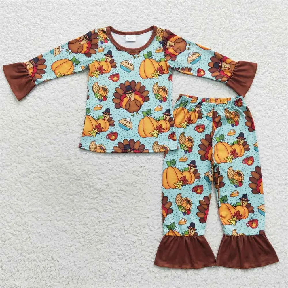 

Wholesale Children Baby Girl Thanksgiving Outfit Infant turkey Set Kid Pumpkin Pie Toddler Fall Pajamas Long Sleeves Shirt Pants