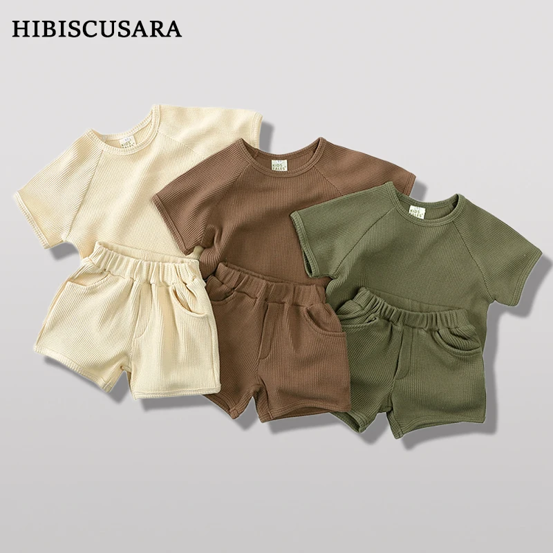 

2Pcs Summer Boys Girls Clothing Sets Solid Kids Children Waffle-knit Cotton Short Sleeve T Shirts Tops Shorts Outfits Knitted