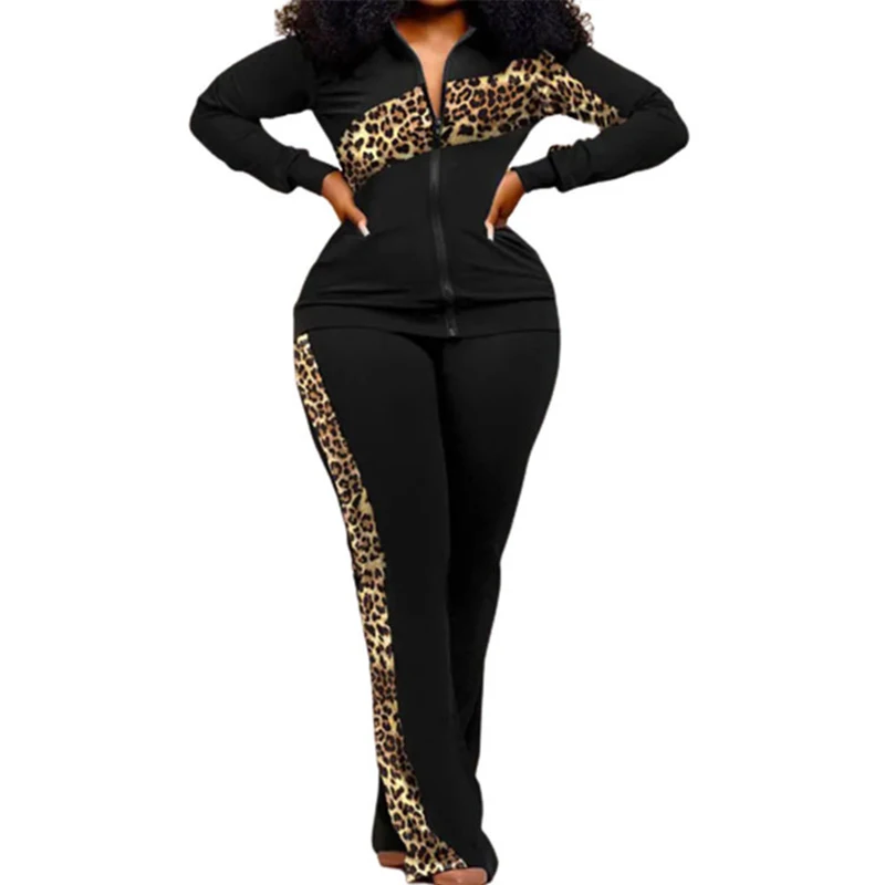 African Set Clothes Women Zipper Tops And Pants Suits Fashion New Leopard Print Patchwork Casual Sporty African Clothing Outfits